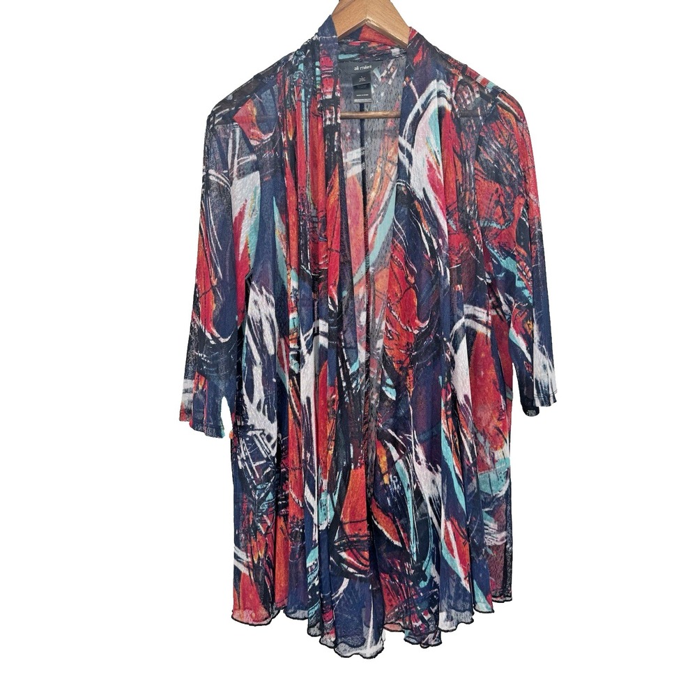 Ali Miles L Sheer‎ Cover Up Cardigan Kimono Multicolor Mesh Artsy Art to Wear